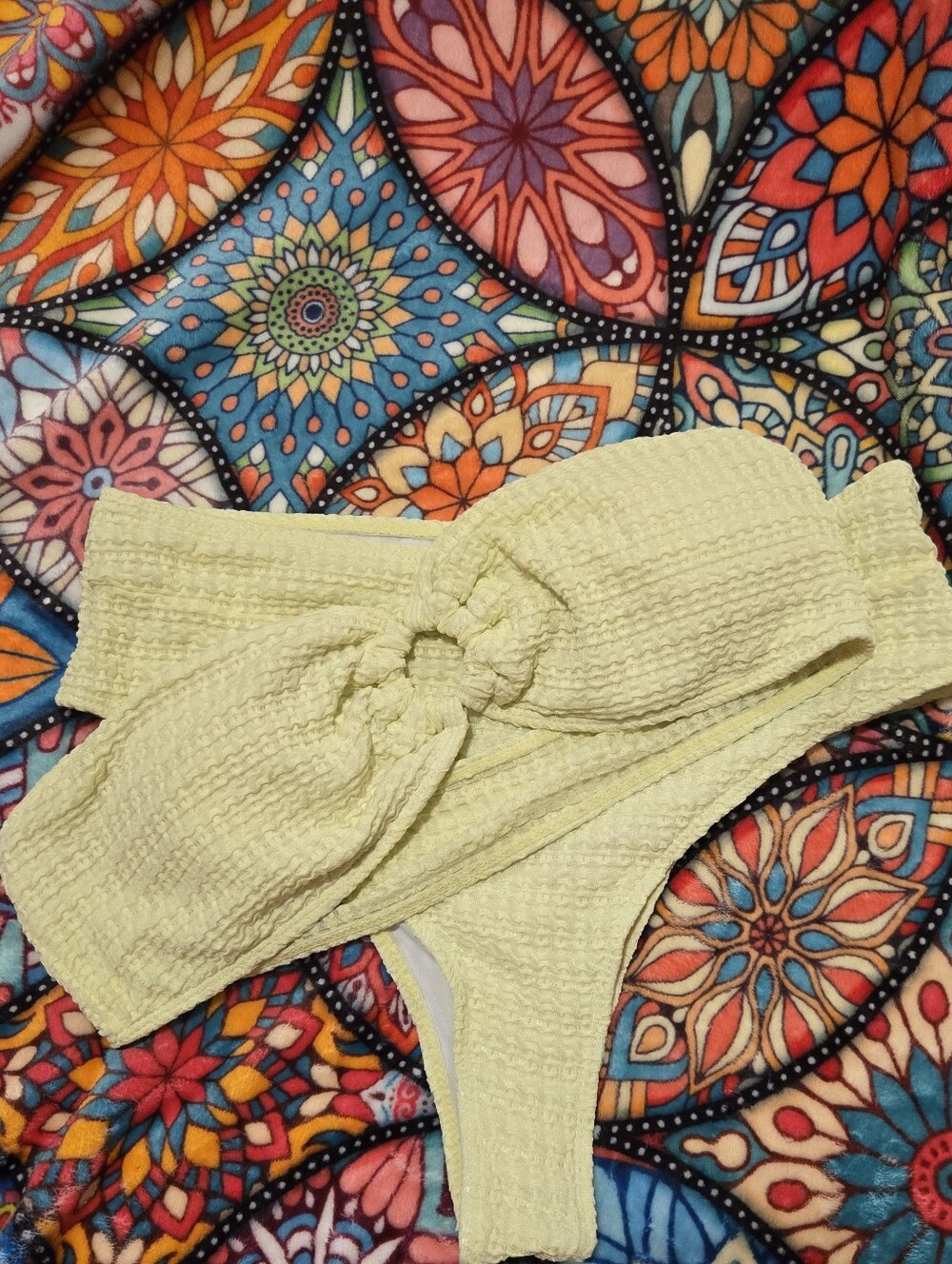 Yellow Textured Knot Bandeau Hi-waist Cheeky Bikini Top LARGE